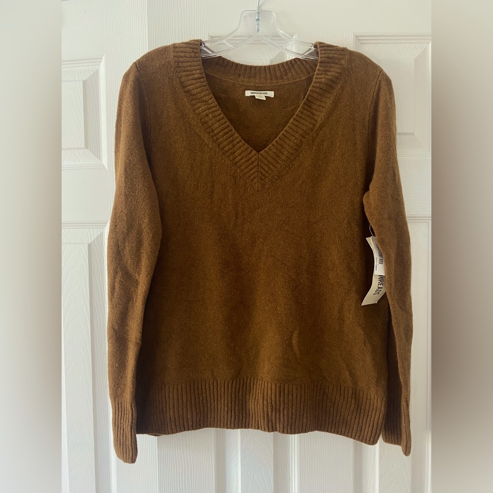 NWT Brown Heather Goodthreads Relaxed-Fit Mid-Gauge Stretch V-Neck Sweater